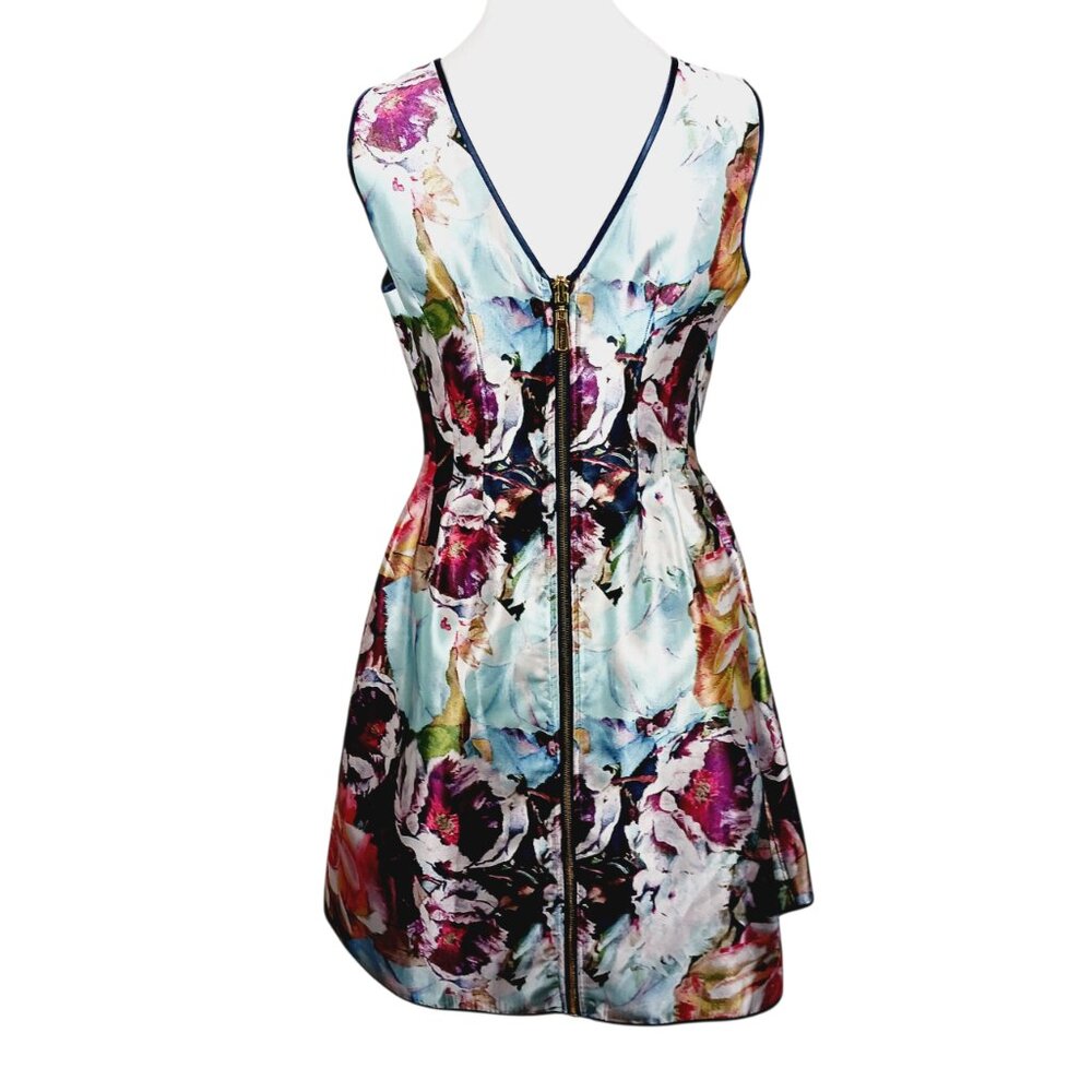 Nicole Miller Reversible Satin Dress SZ 8, Floral and Navy, Full Length Back Zip - Picture 5 of 16